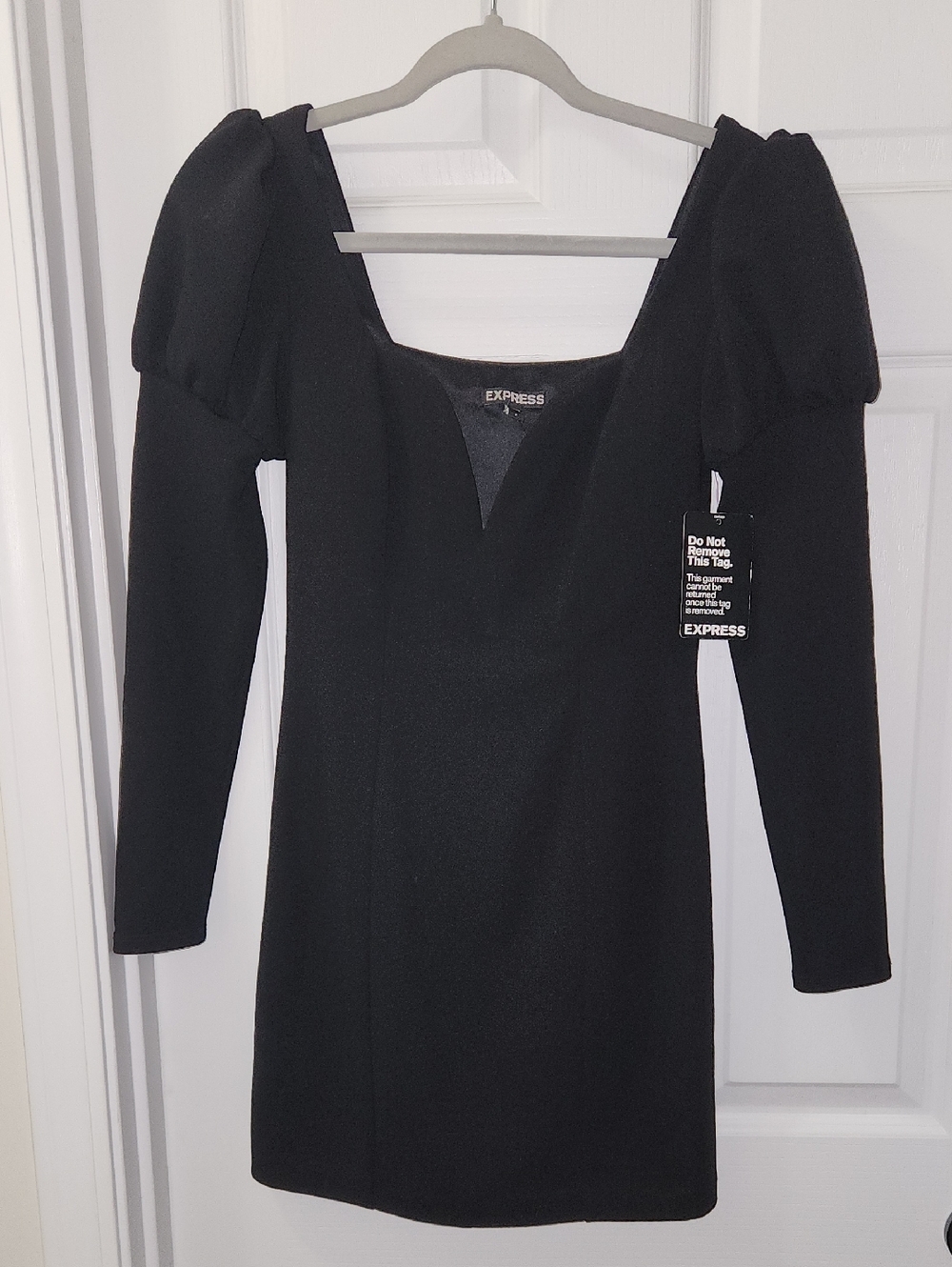 Express Black Long-Sleeve Puff-Shoulder Mini Dress